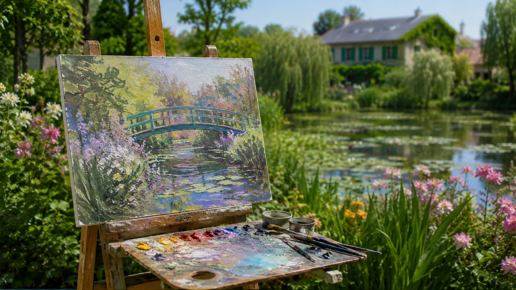 Photo professionnelle ultra réaliste sur l’impressionnisme, chevalet d’artiste avec toile peinte, palette colorée et pinceaux dans un jardin fleuri ensoleillé près d’un bassin aux nymphéas, pont vert et maison floue en arrière-plan, 27 juin 2026, format 16/9