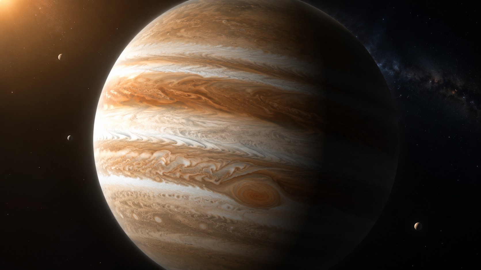 Jupiter ultra réaliste dans l’espace, Grande Tache rouge visible, bandes nuageuses détaillées, lunes en arrière-plan, lumière solaire chaude, 27 juin 2026, format 16/9