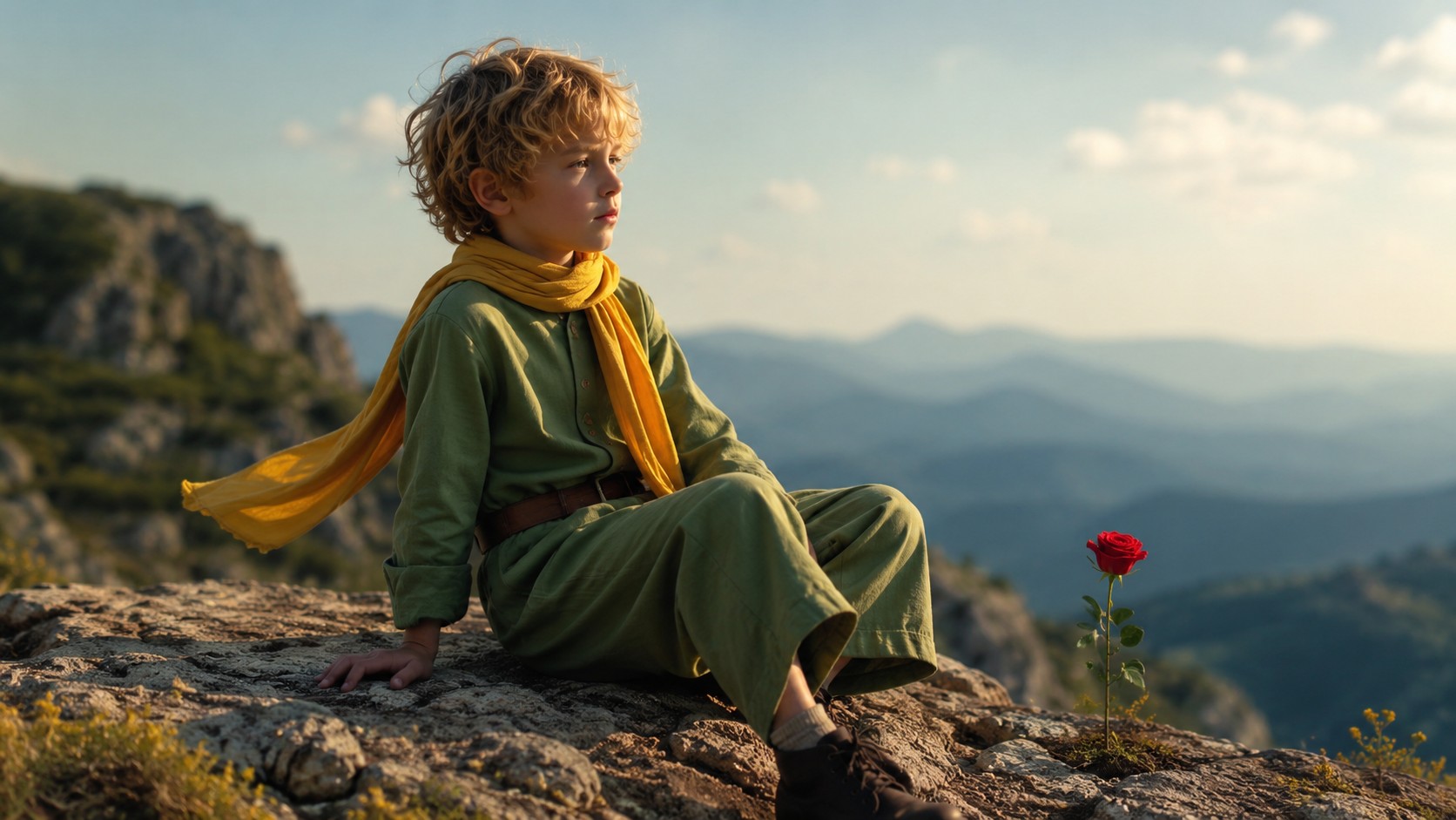 Photo professionnelle ultra réaliste au format 16/9 du Petit Prince assis sur un rocher en montagne ensoleillée, avec une rose rouge en premier plan, lumière naturelle douce, arrière-plan flou, rendu éditorial premium, 25 juin 2026.