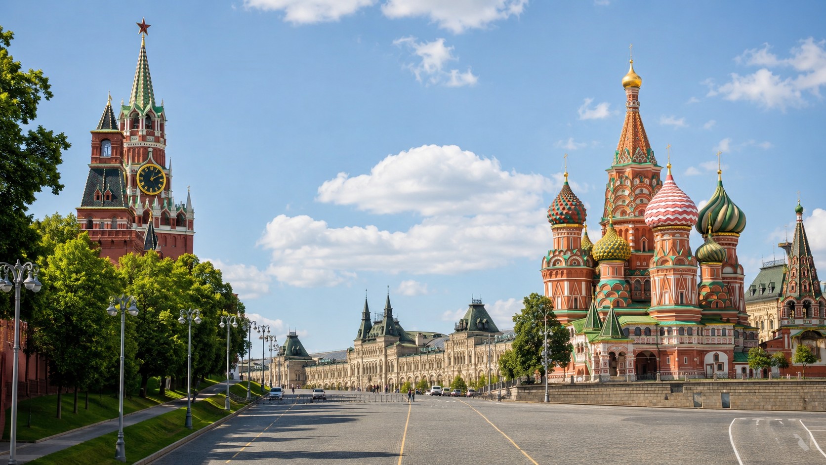 Moscou capitale de la Russie, Place Rouge avec Kremlin, tour Spasskaïa, cathédrale Saint-Basile, ciel bleu ensoleillé, architecture historique russe, 2026, format 16/9