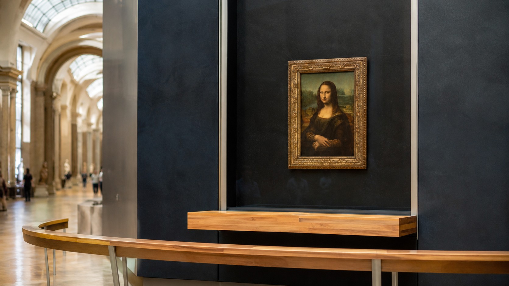 Image professionnelle ultra réaliste montrant la Joconde exposée dans une galerie du musée du Louvre, avec une lumière naturelle douce, un décor muséal élégant et une composition centrée sur le tableau. Client : musée du Louvre. . Date : 26 juin 2026. Format : 16/9.