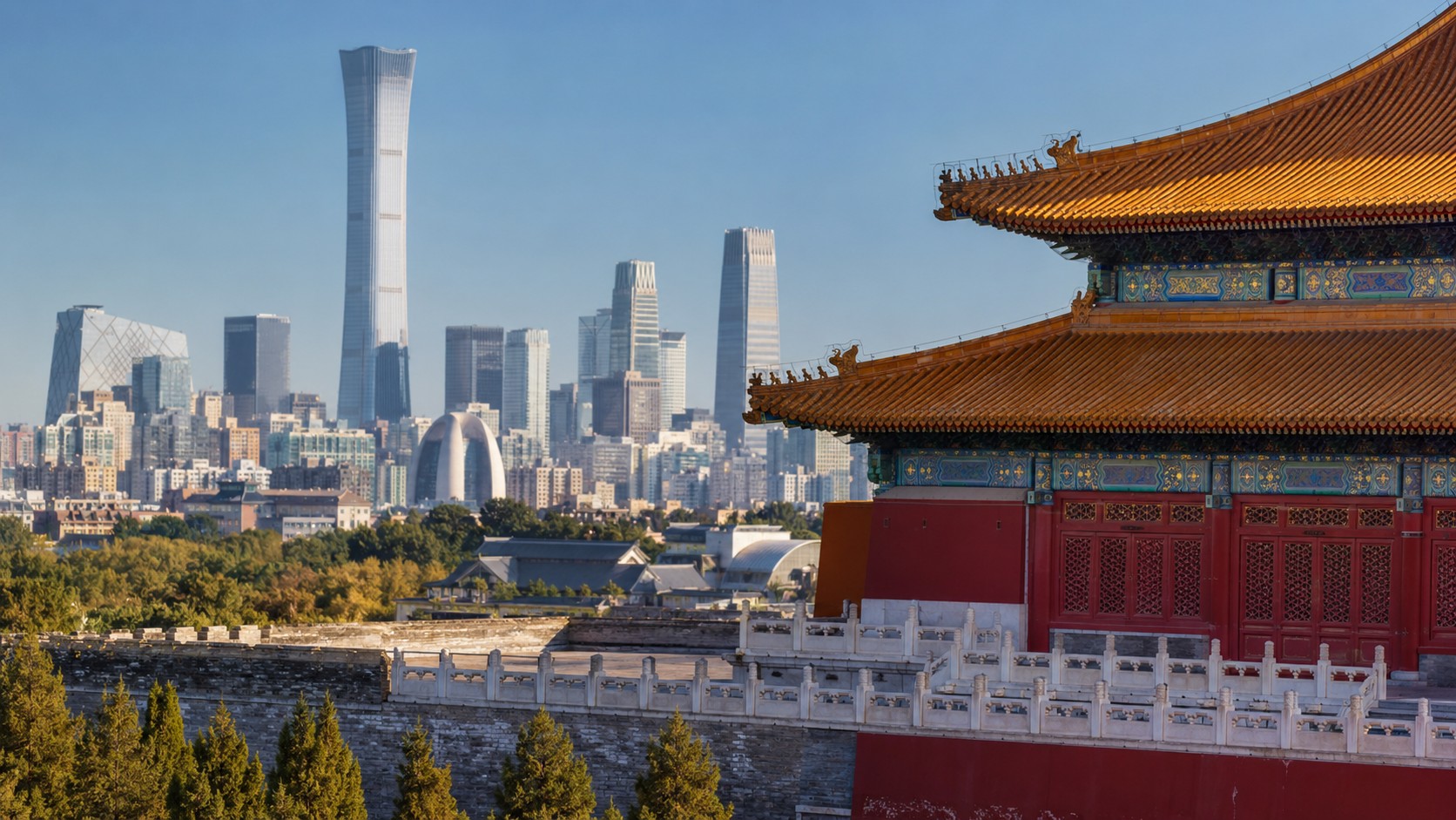 Pékin capitale de la Chine avec palais traditionnel chinois au premier plan skyline moderne en arrière-plan ciel ensoleillé 2026 format 16/9