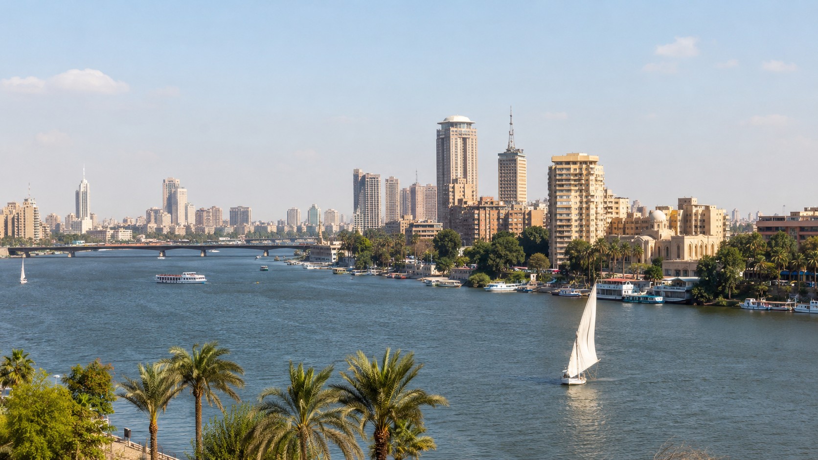 Capitale de l’Égypte Le Caire vue panoramique sur le Nil avec skyline urbaine palmiers bateaux et voilier sous un ciel ensoleillé 2026 format 16/9