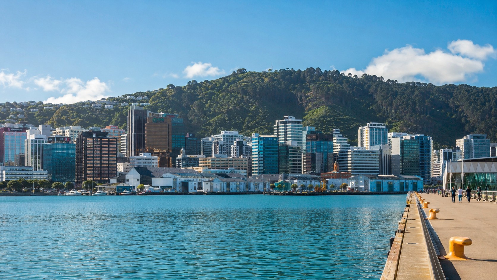Photo professionnelle 16/9 de la capitale Wellington en Nouvelle-Zélande, avec vue sur le port, l’eau bleue, les immeubles modernes du centre-ville, une promenade en bord de mer et les collines vertes en arrière-plan sous un ciel ensoleillé.