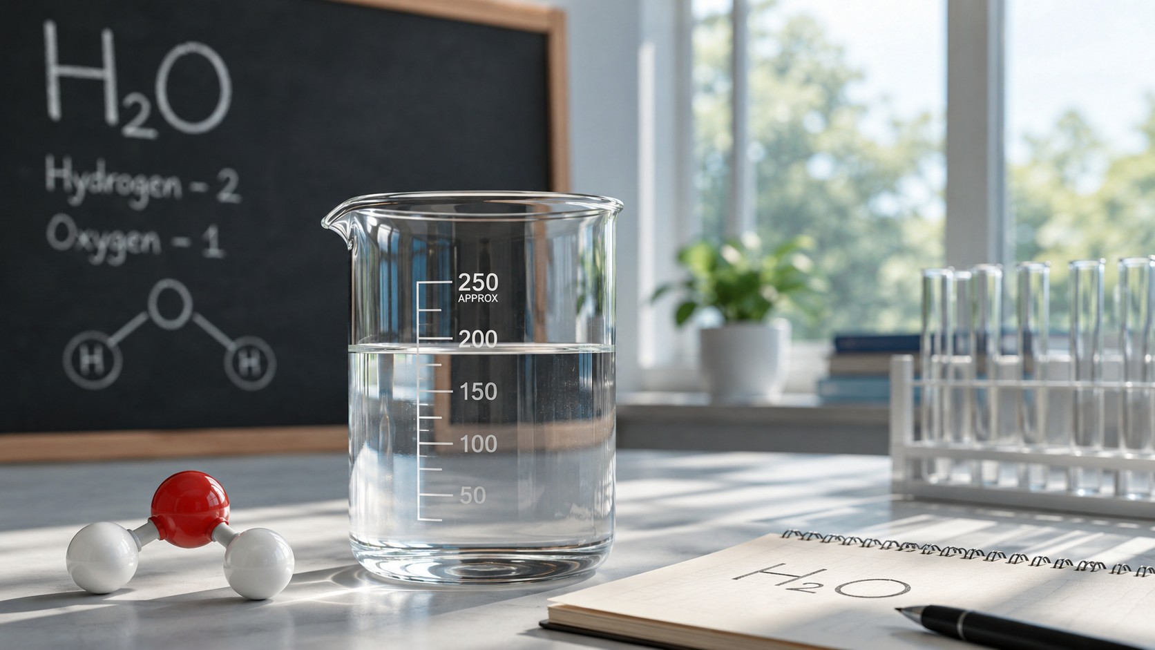 formule chimique eau H2O, bécher rempli d’eau, modèle moléculaire, tableau de sciences, laboratoire lumineux, lumière naturelle ensoleillée, 2026, format 16/9