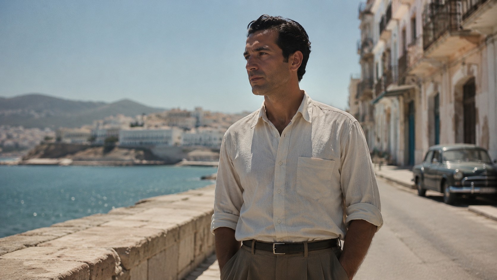 Photo professionnelle ultra réaliste inspirée de L’Étranger d’Albert Camus, montrant un homme seul et pensif sur une promenade ensoleillée au bord de la mer, avec bâtiments méditerranéens, voiture ancienne et arrière-plan légèrement flou, format 16/9, 25/06/2026.