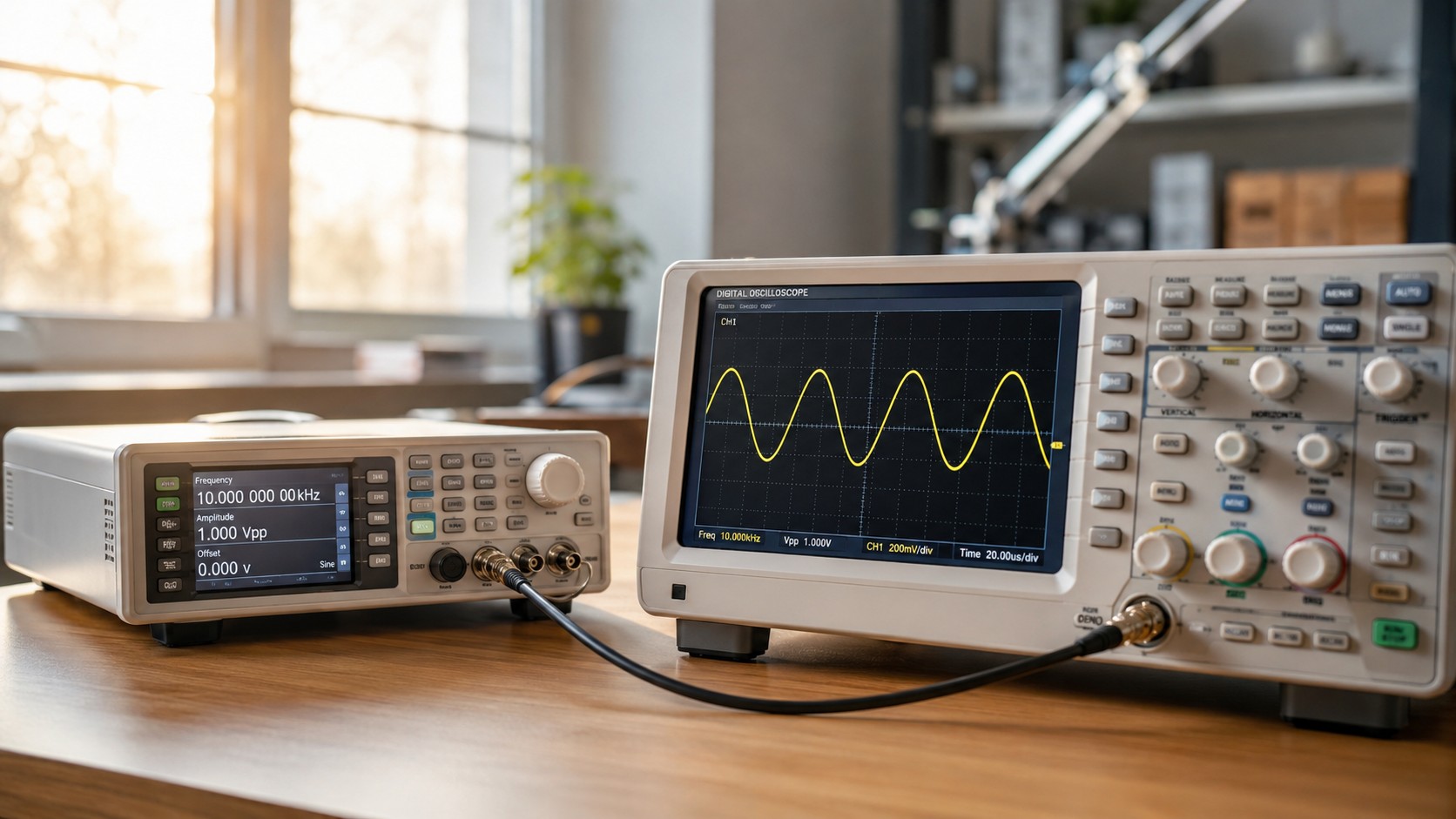 laboratoire électronique avec oscilloscope numérique, générateur de signal, onde sinusoïdale, mesure de fréquence en hertz Hz, lumière naturelle ensoleillée, 2026, format 16/9