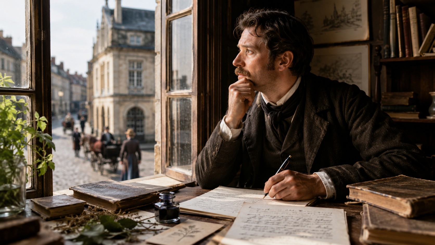 Image au format 16/9 datée du 25 juin 2026 montrant le naturalisme à travers un écrivain du XIXe siècle assis dans un bureau d’époque, observant la réalité sociale par la fenêtre, avec manuscrits, livres anciens, encrier et lumière naturelle ensoleillée.