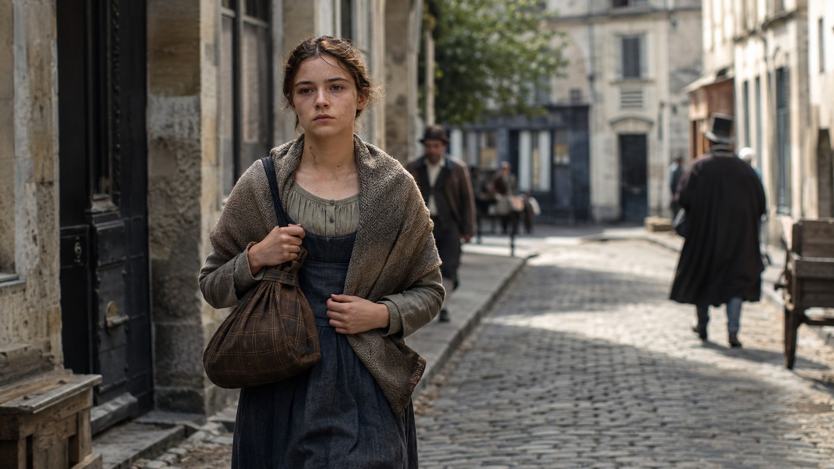Photo professionnelle ultra réaliste inspirée de Les Misérables, jeune femme pauvre en vêtements d’époque dans une rue pavée de Paris au 19e siècle, lumière naturelle ensoleillée, ambiance historique réaliste, format 16/9, 25 juin 2026.
