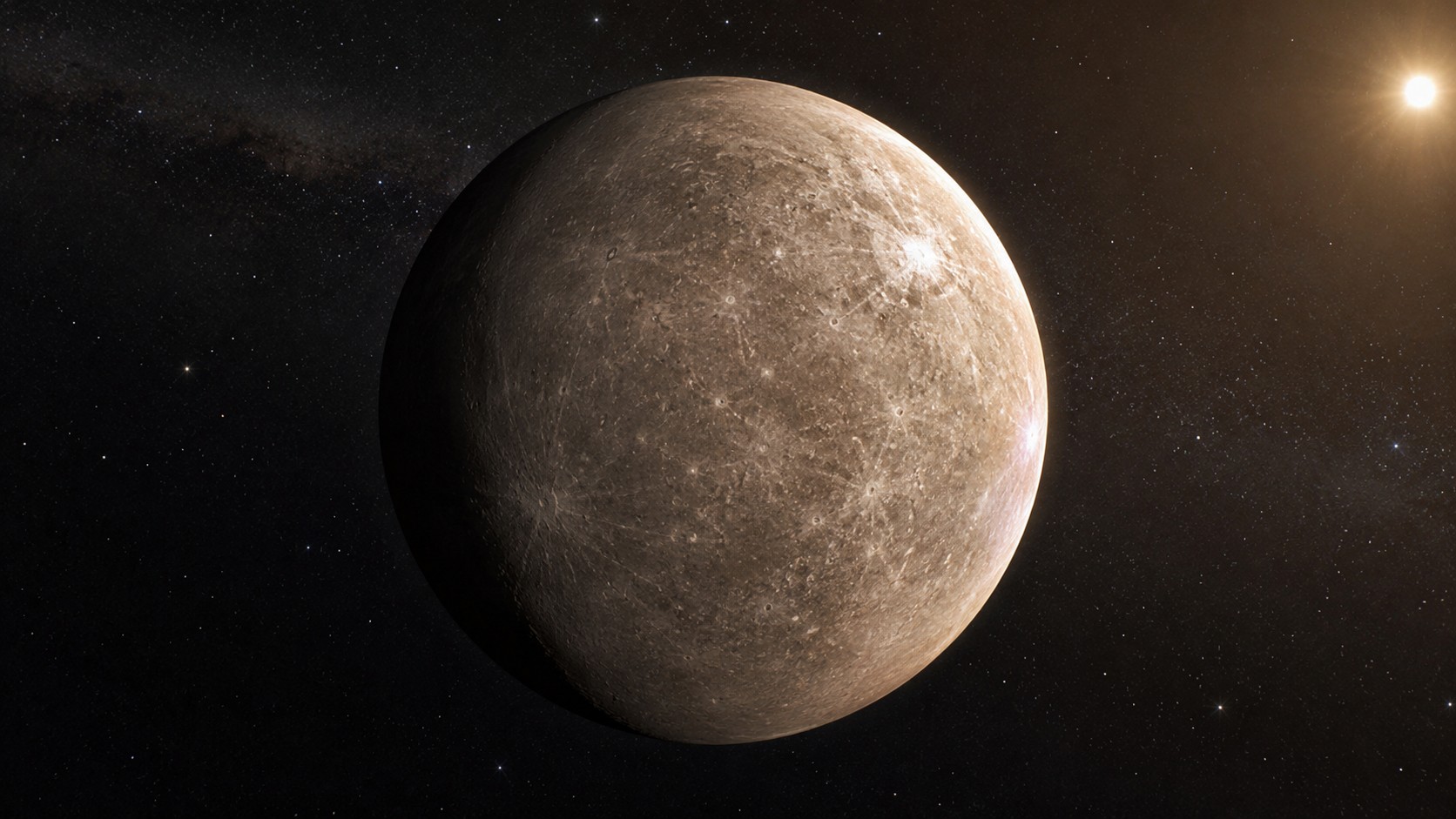 Planète Mercure ultra réaliste dans l’espace, surface rocheuse cratérisée, lumière solaire chaude, fond étoilé, 27 juin 2026, format 16/9