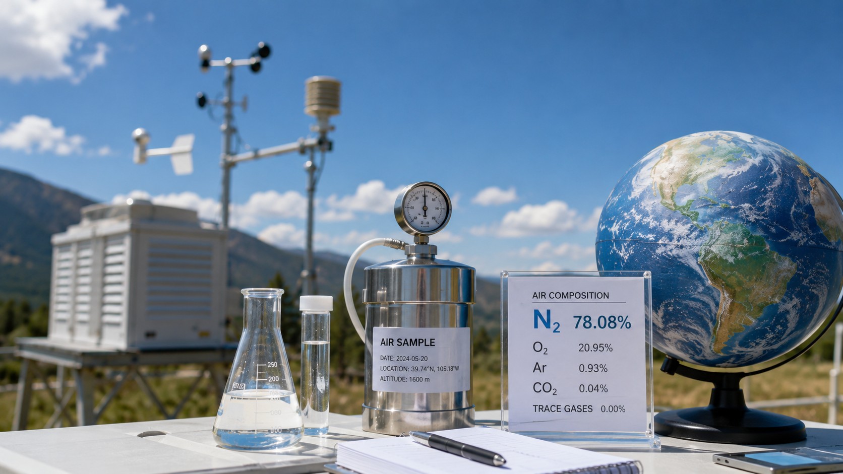 station_recherche_atmospherique_composition_air_azote_n2_gaz_majoritaire_atmosphere_terrestre_78_pourcent_equipements_scientifiques_globe_ciel_bleu_ensoleille_2026_format_16_9