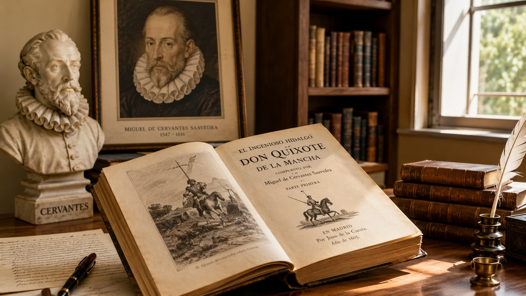 Livre ancien Don Quichotte ouvert sur un bureau en bois avec buste et portrait de Miguel de Cervantes, bibliothèque classique, livres reliés, plume, lumière naturelle ensoleillée, 10 juillet 2026, format 16/9.