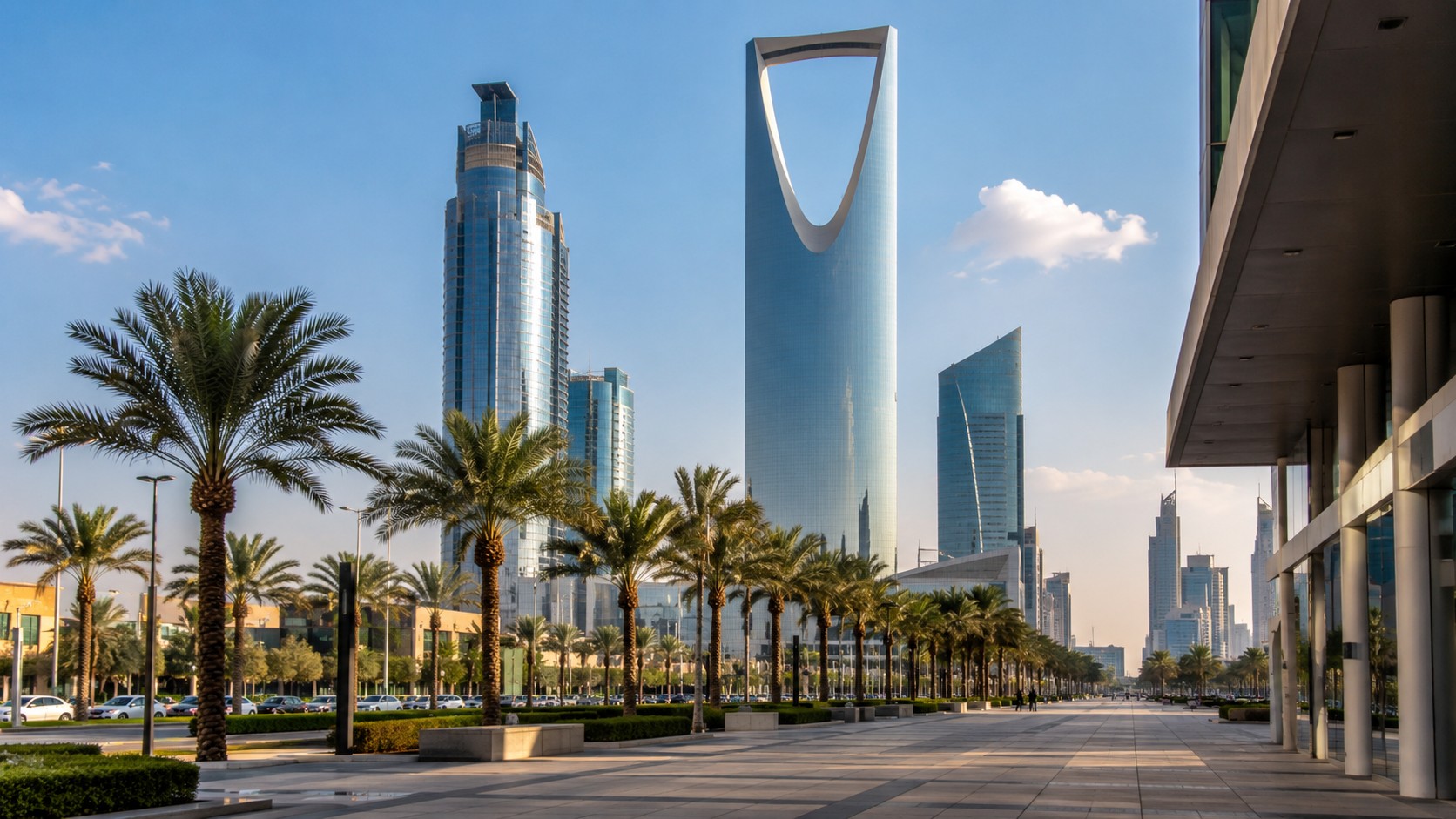 Vue professionnelle ultra réaliste de Riyad, capitale de l’Arabie saoudite, avec skyline moderne, Kingdom Centre, gratte-ciel vitrés, boulevard bordé de palmiers, grande esplanade urbaine ensoleillée, architecture contemporaine, ciel bleu, rendu photo premium, 2026, format 16:9.