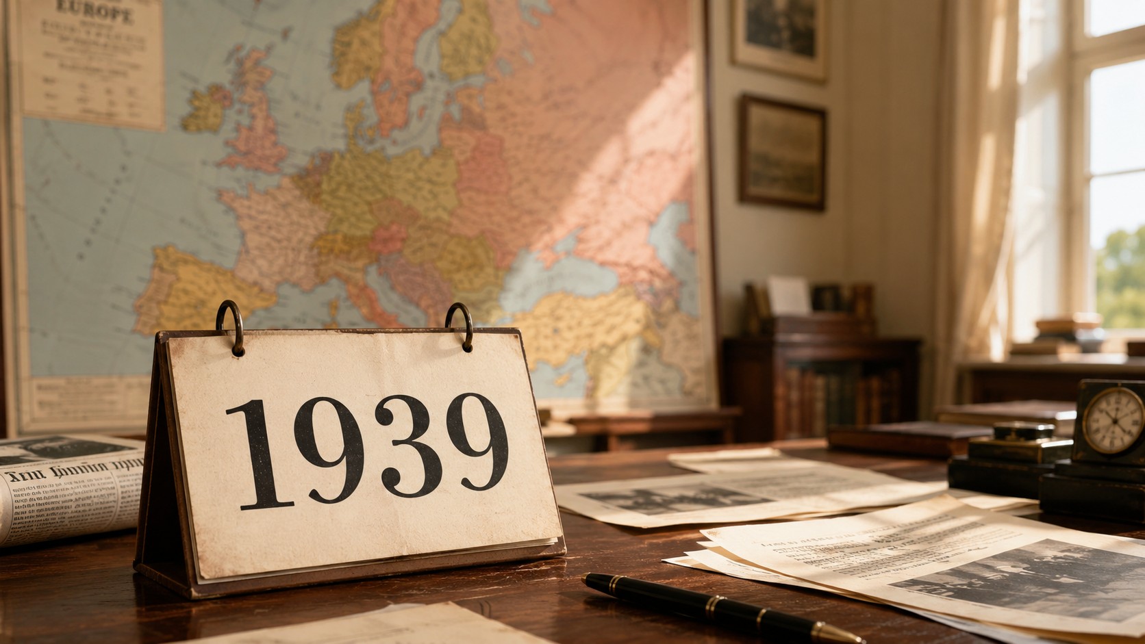 Calendrier vintage affichant 1939 sur un bureau en bois avec carte ancienne de l’Europe, documents historiques, journaux, stylo et horloge dans une salle d’étude ensoleillée, illustration du début de la Seconde Guerre mondiale en Europe, 2026, format 16:9
