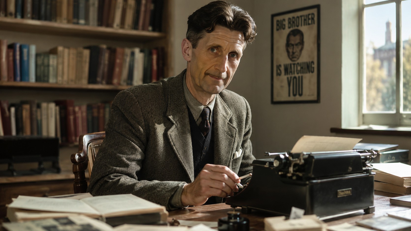 George Orwell, auteur de 1984, assis dans un bureau avec bibliothèque, machine à écrire ancienne, manuscrits et affiche Big Brother Is Watching You, éclairé par une lumière naturelle ensoleillée, 10 juillet 2026, format 16:9.