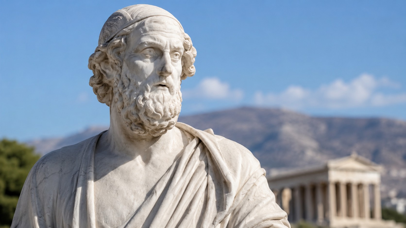Homère, auteur traditionnellement associé à L’Odyssée, représenté par une statue antique en marbre blanc devant un temple grec, avec montagnes et ciel bleu ensoleillé, 10 juillet 2026, format 16:9