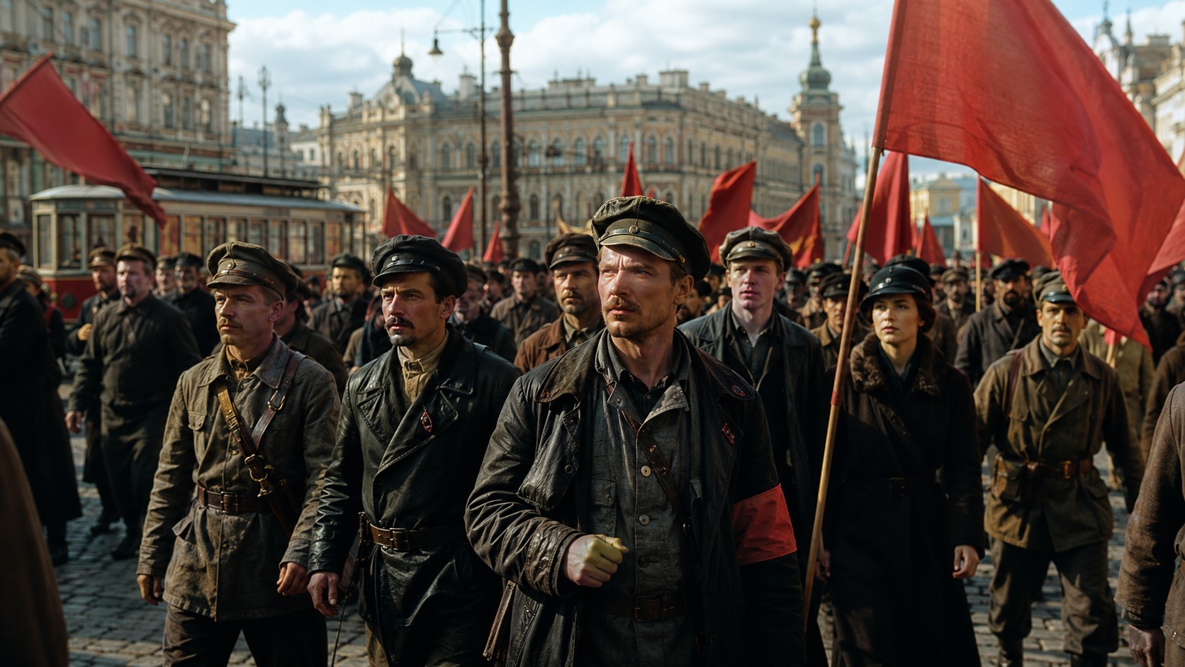 Reconstitution ultra réaliste de la Révolution russe de 1917 à Petrograd, foule d’ouvriers et de soldats en tenues d’époque marchant dans une rue pavée avec de grands drapeaux rouges, tramway ancien et bâtiments impériaux en arrière-plan, lumière naturelle ensoleillée, 2026, format 16:9
