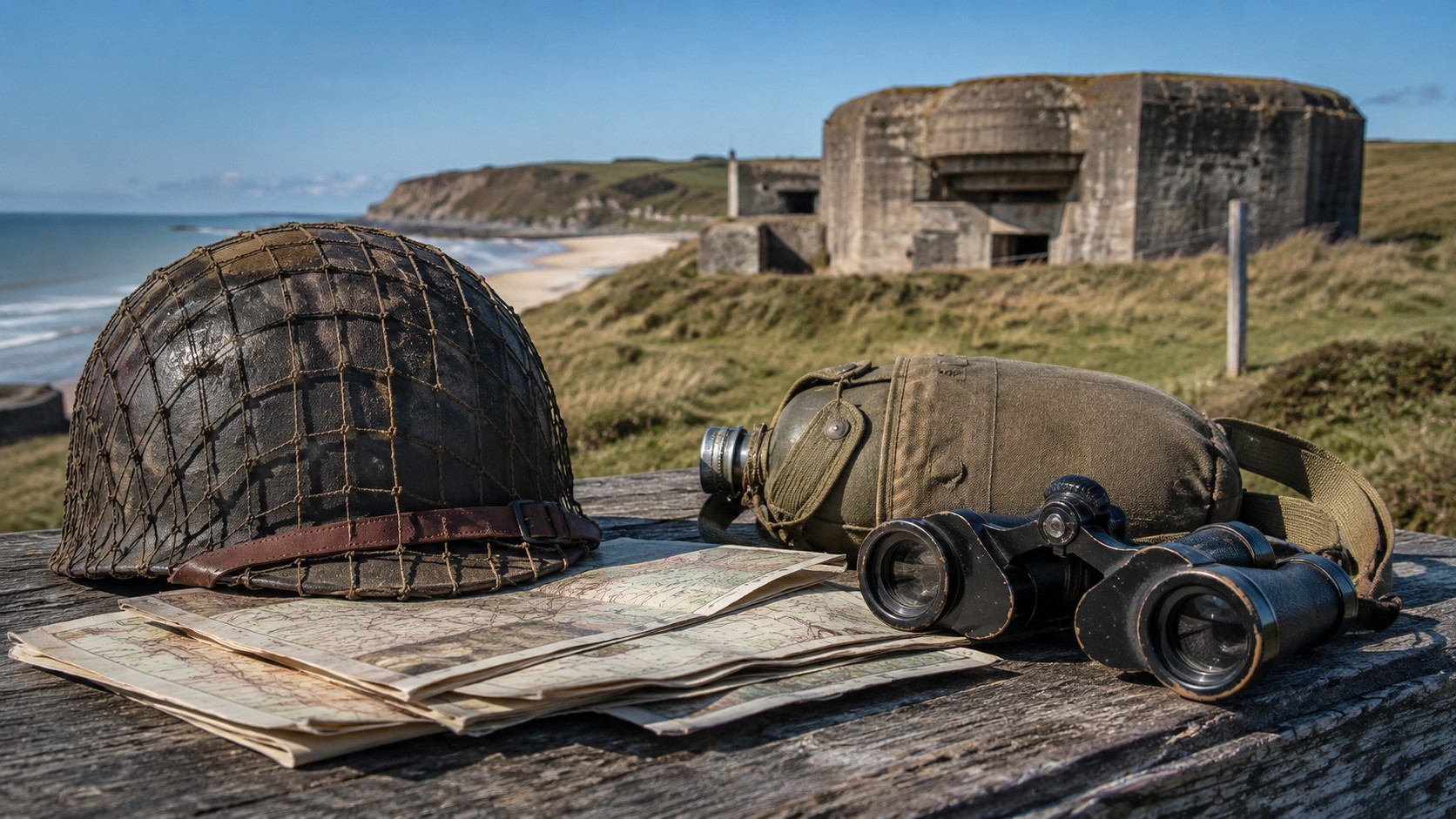 Seconde Guerre mondiale avec casque militaire ancien recouvert d’un filet, cartes d’état-major, jumelles et gourde posés devant un bunker côtier en Normandie sous un ciel ensoleillé, 2026, format 16:9