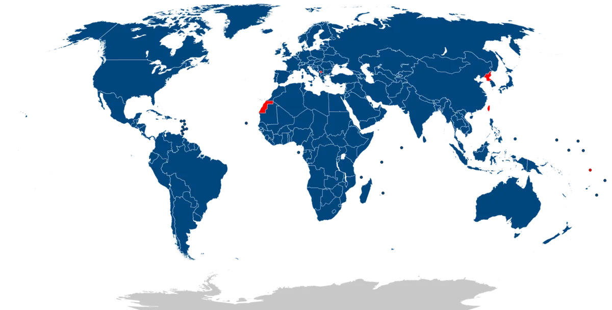 Carte mondiale des 196 pays membres d'Interpol en 2023, coordonnés depuis le siège de Lyon