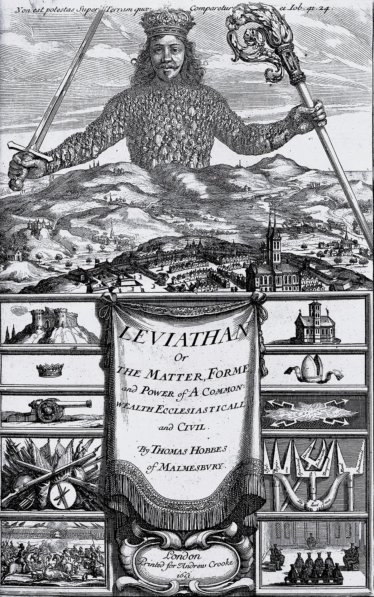 Frontispice du Léviathan de 1651, géant couronné composé de centaines de petits hommes, tenant épée et crosse
