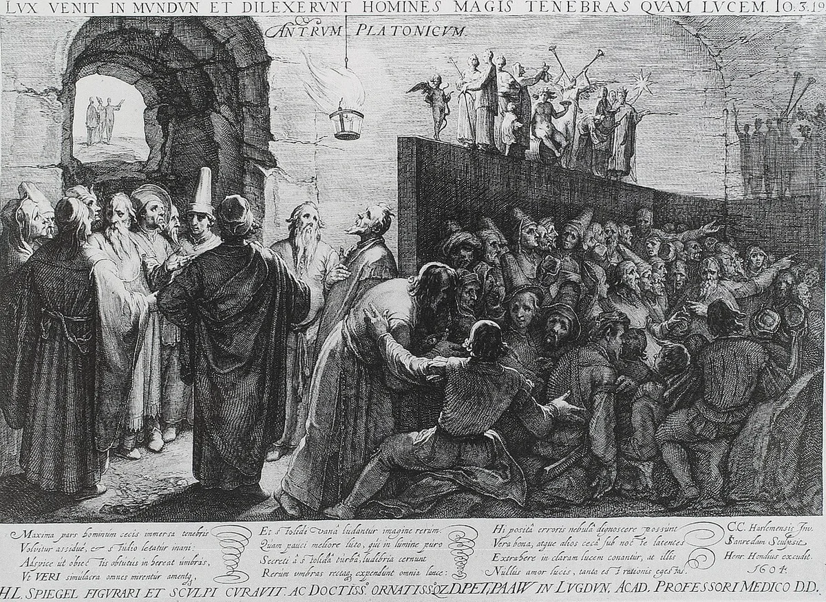 Gravure de 1604 représentant la caverne de Platon, prisonniers enchaînés face aux ombres projetées