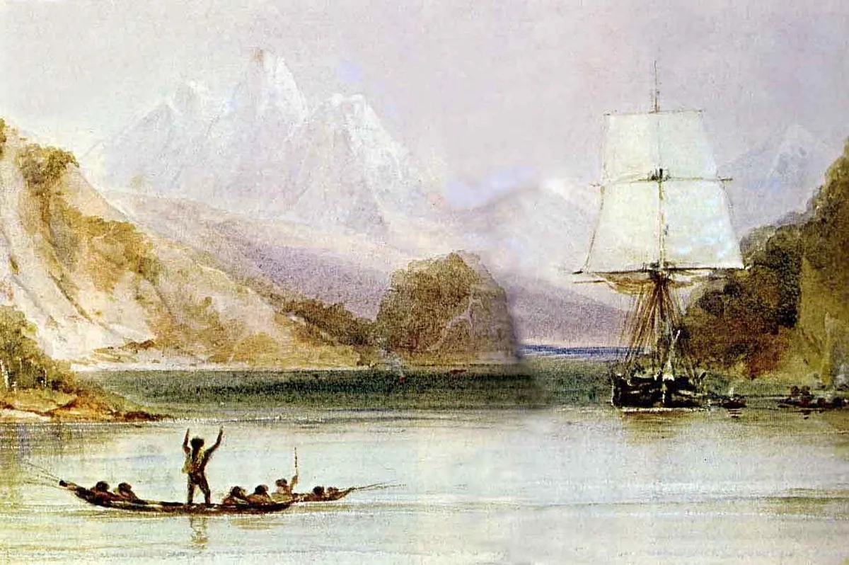 Le HMS Beagle peint par Conrad Martens dans les canaux de la Terre de Feu pendant le voyage de 1831 à 1836