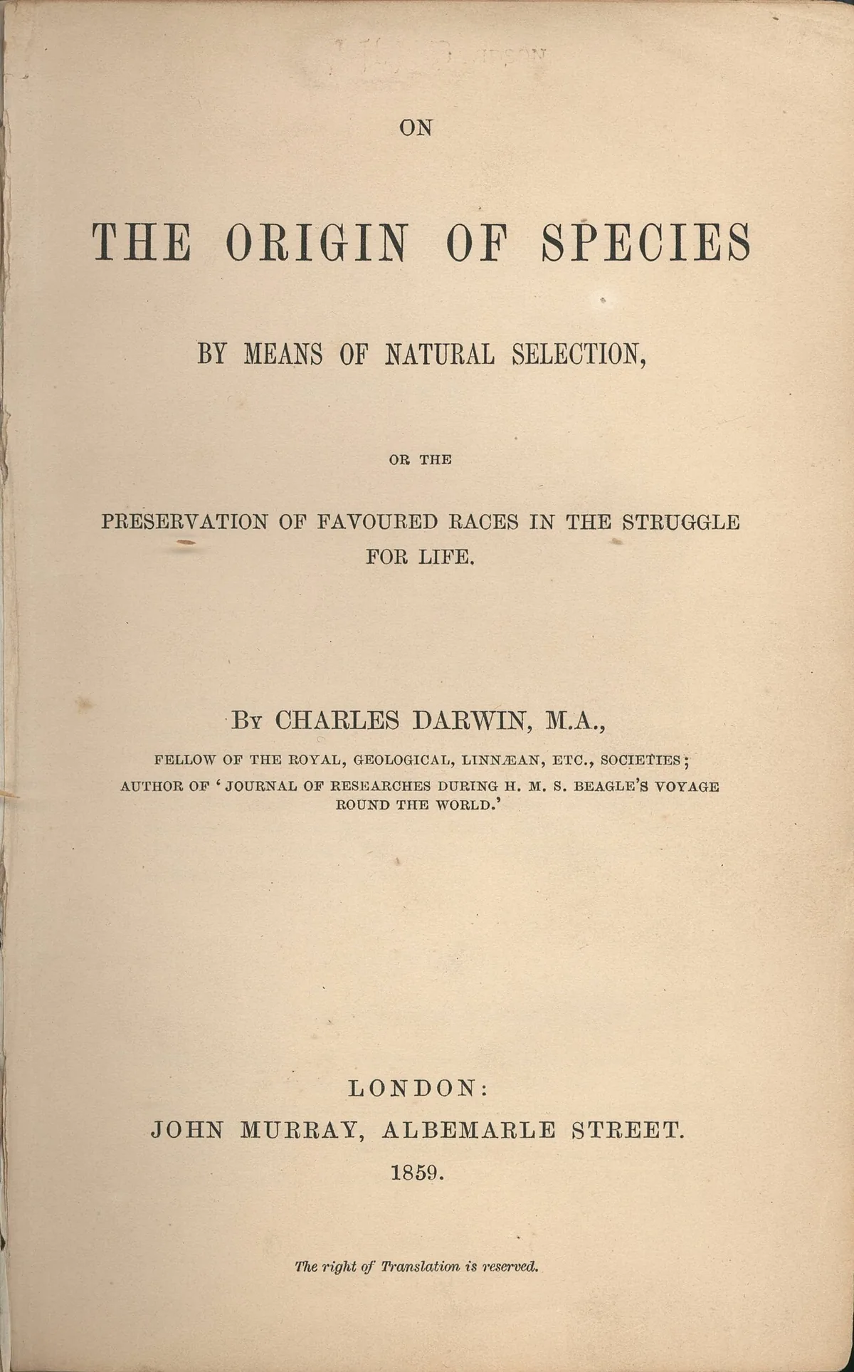 Page de titre de la première édition de On the Origin of Species publiée par John Murray à Londres en 1859